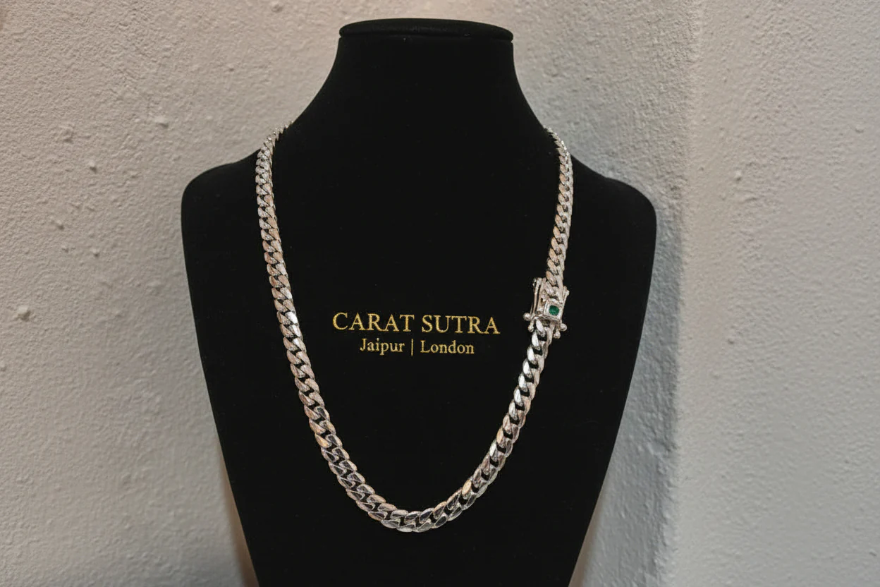 10mm Wide Solid No-Gap Miami Cuban Link Chain with Natural Emerald stone Lock | 925 Sterling Silver Chain | Men's Jewelry | With Certificate of Authenticity and 925 Hallmark