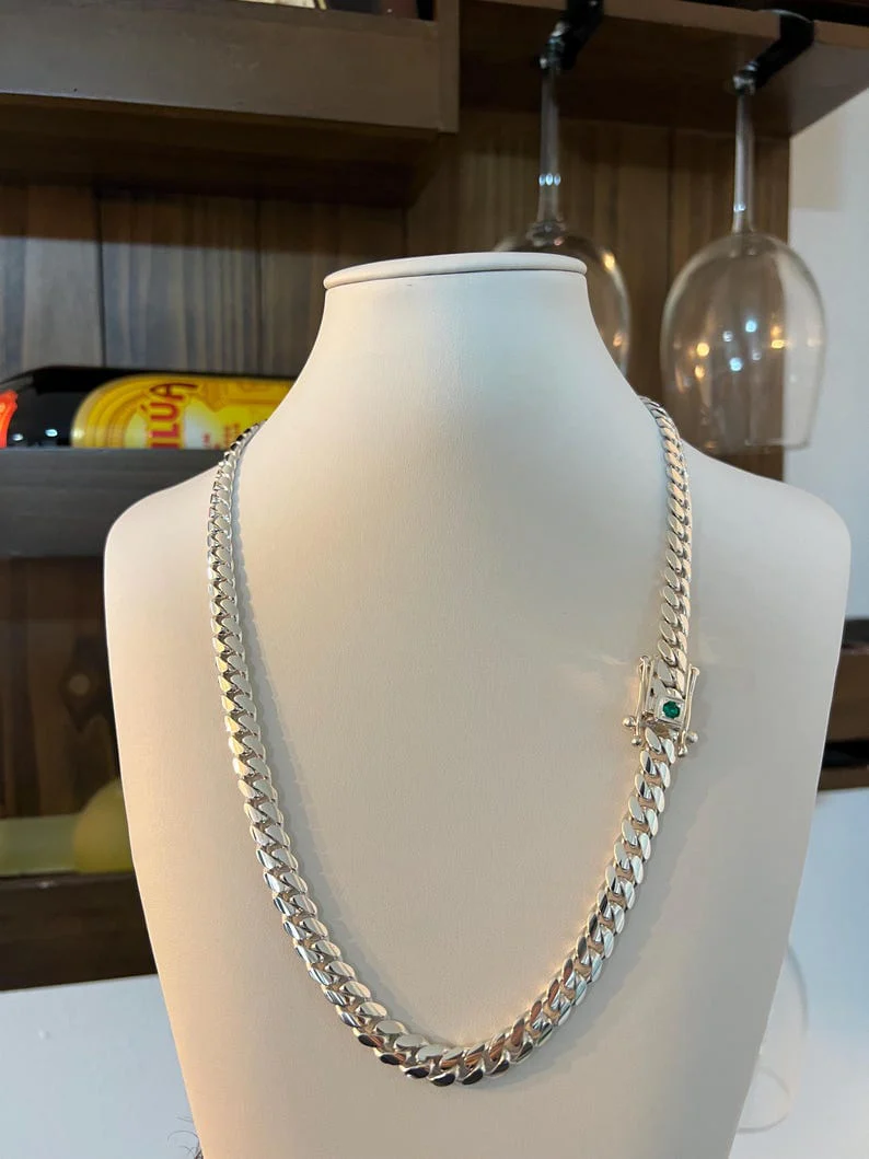 10mm Wide Solid No-Gap Miami Cuban Link Chain with Natural Emerald stone Lock | 925 Sterling Silver Chain | Men's Jewelry | With Certificate of Authenticity and 925 Hallmark - Image 4