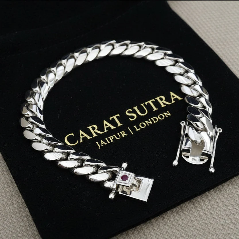12mm Wide Solid Miami Cuban Link Bracelet with Ruby stone lock |925 Sterling Silver Bracelet | Men's Jewelry | With Certificate of Authenticity and 925 Hallmark