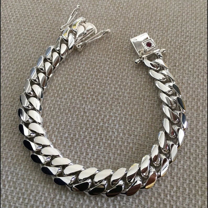12mm Wide Solid Miami Cuban Link Bracelet with Ruby stone lock |925 Sterling Silver Bracelet | Men's Jewelry | With Certificate of Authenticity and 925 Hallmark - Image 3