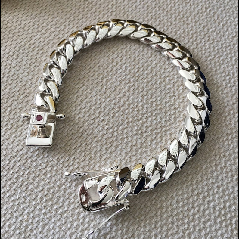 12mm Wide Solid Miami Cuban Link Bracelet with Ruby stone lock |925 Sterling Silver Bracelet | Men's Jewelry | With Certificate of Authenticity and 925 Hallmark - Image 4