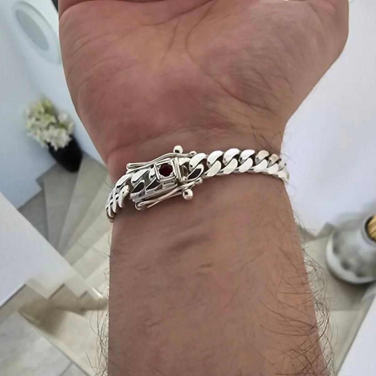 12mm Wide Solid Miami Cuban Link Bracelet with Ruby stone lock |925 Sterling Silver Bracelet | Men's Jewelry | With Certificate of Authenticity and 925 Hallmark - Image 5
