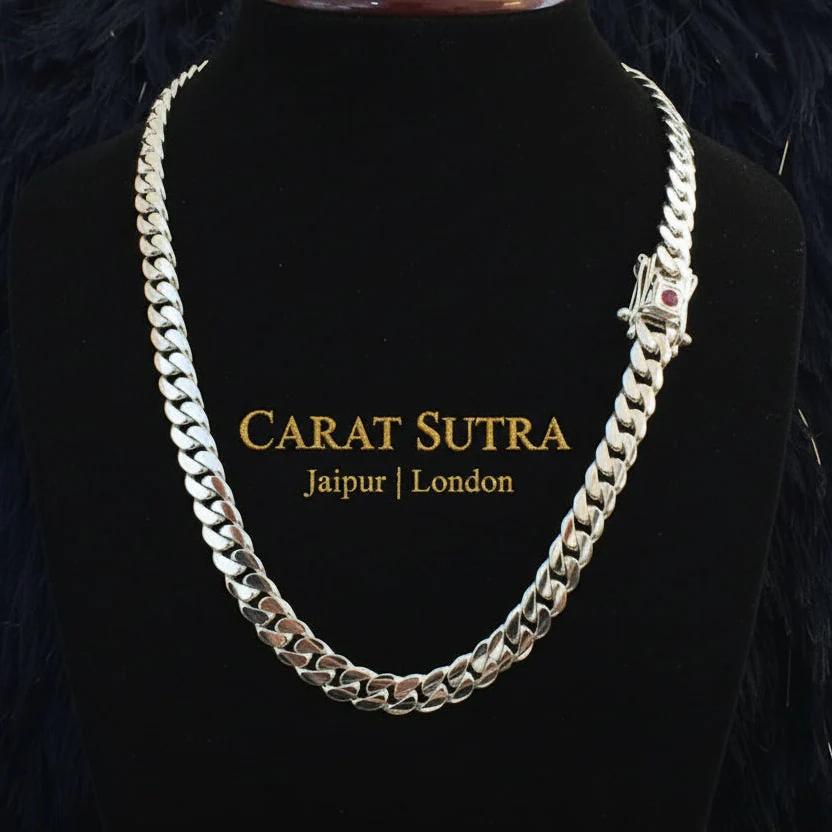 12mm Wide Solid Miami Cuban Link Chain with Ruby stone Lock | 925 Sterling Silver Chain | Men's Jewelry | With Certificate of Authenticity and 925 Hallmark