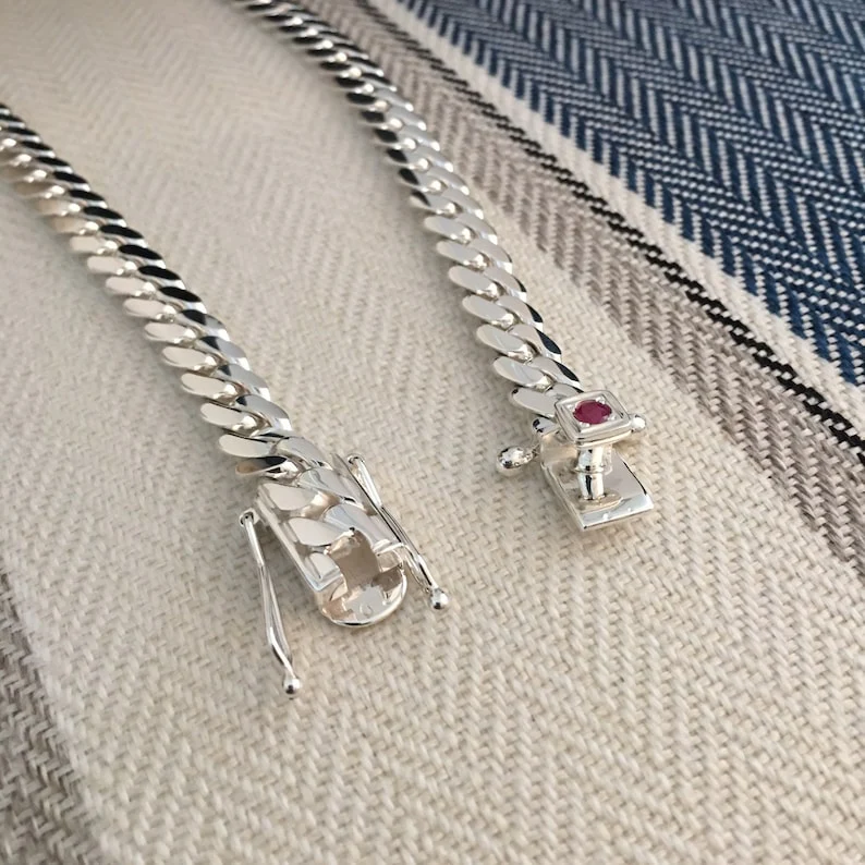 12mm Wide Solid Miami Cuban Link Chain with Ruby stone Lock | 925 Sterling Silver Chain | Men's Jewelry | With Certificate of Authenticity and 925 Hallmark - Image 4