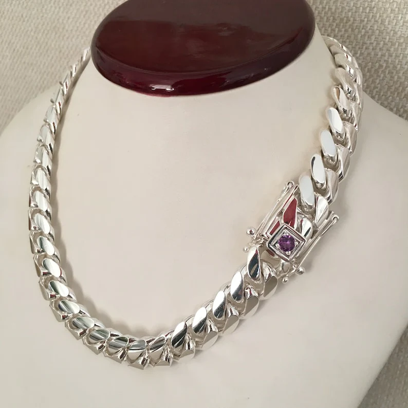 18mm Wide Solid Miami Cuban Link Chain with Amethyst Stone Lock | 925 Sterling Silver Chain | Men's Jewelry | With Certificate of Authenticity and 925 Hallmark - Image 2