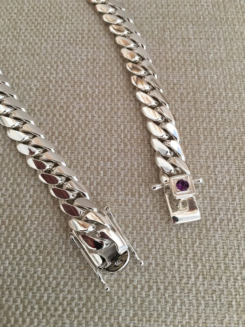 18mm Wide Solid Miami Cuban Link Chain with Amethyst Stone Lock | 925 Sterling Silver Chain | Men's Jewelry | With Certificate of Authenticity and 925 Hallmark - Image 3