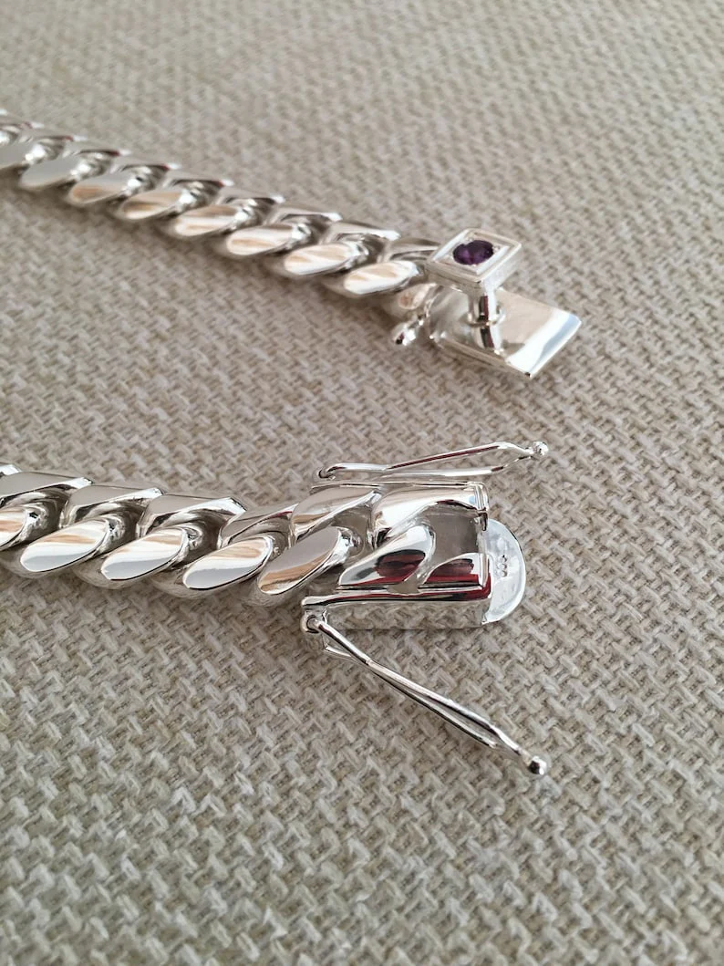 18mm Wide Solid Miami Cuban Link Chain with Amethyst Stone Lock | 925 Sterling Silver Chain | Men's Jewelry | With Certificate of Authenticity and 925 Hallmark - Image 4