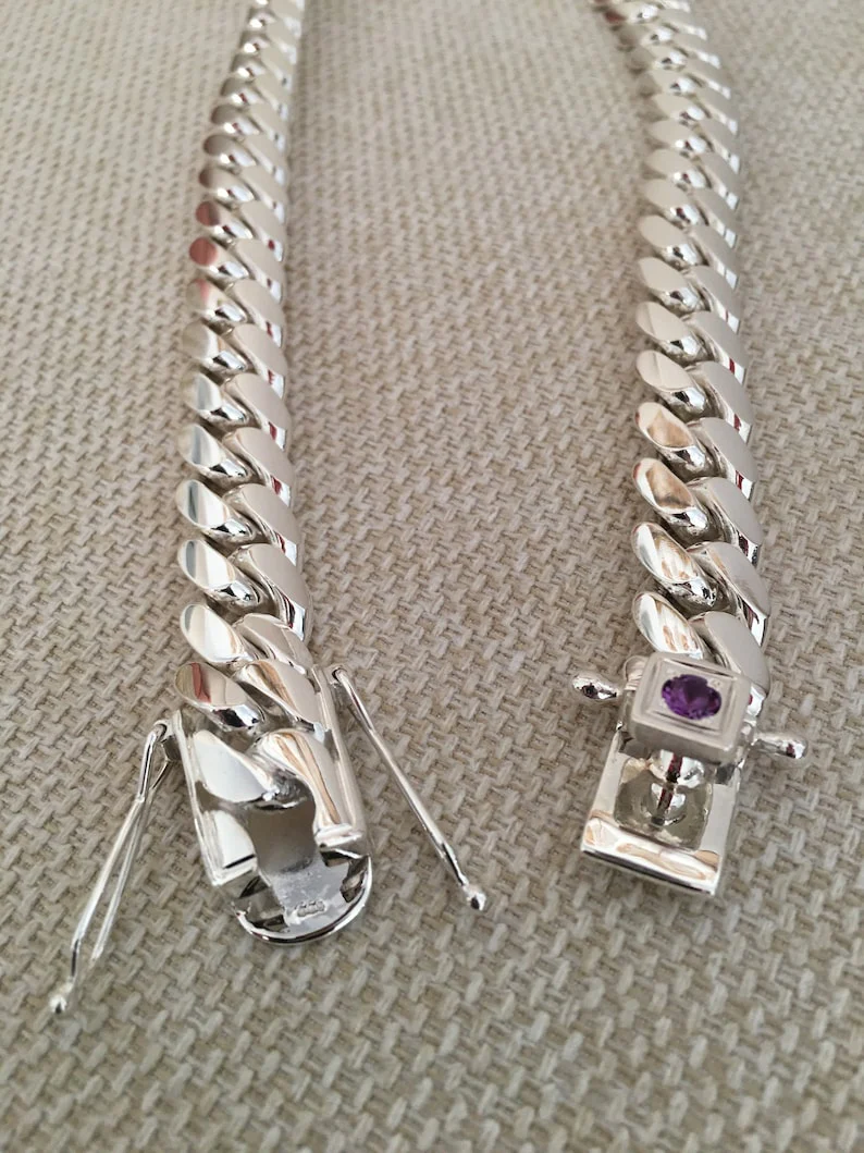 18mm Wide Solid Miami Cuban Link Chain with Amethyst Stone Lock | 925 Sterling Silver Chain | Men's Jewelry | With Certificate of Authenticity and 925 Hallmark - Image 5