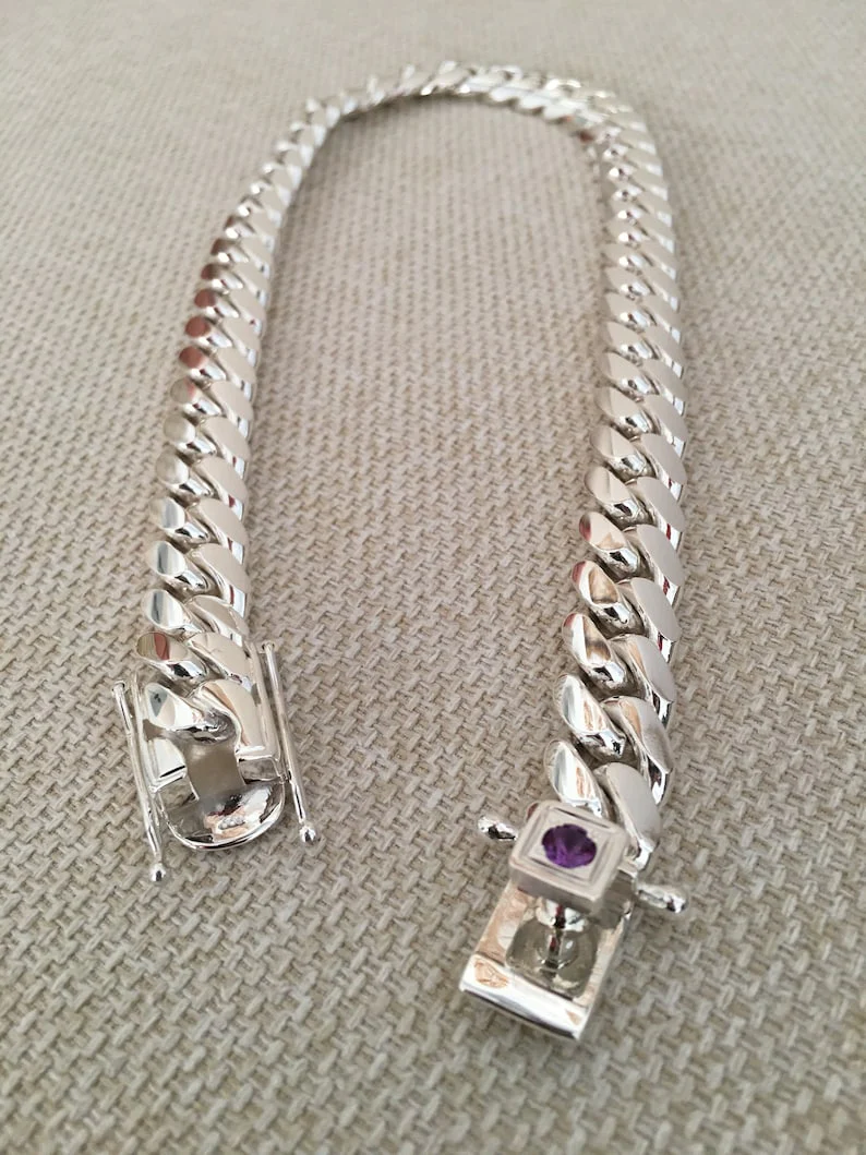 18mm Wide Solid Miami Cuban Link Chain with Amethyst Stone Lock | 925 Sterling Silver Chain | Men's Jewelry | With Certificate of Authenticity and 925 Hallmark - Image 6
