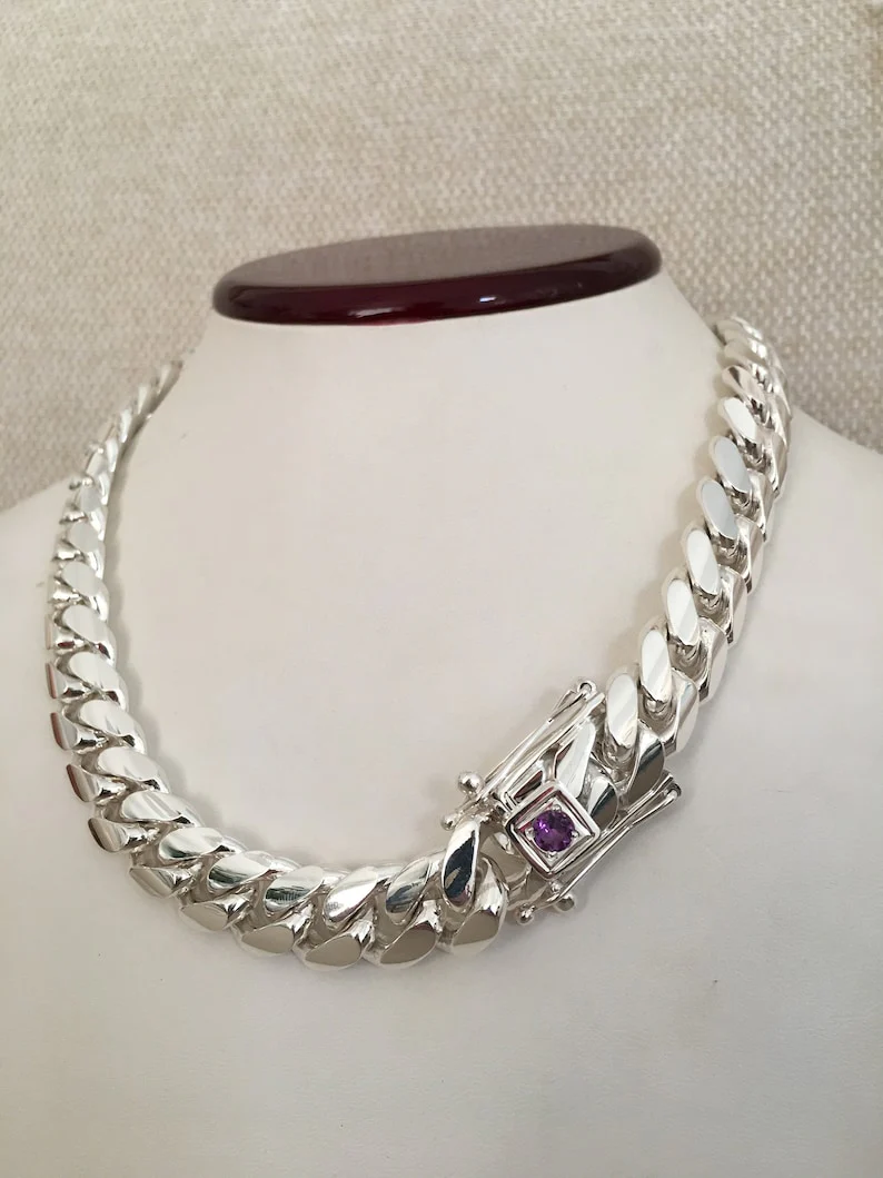 18mm Wide Solid Miami Cuban Link Chain with Amethyst Stone Lock | 925 Sterling Silver Chain | Men's Jewelry | With Certificate of Authenticity and 925 Hallmark - Image 7