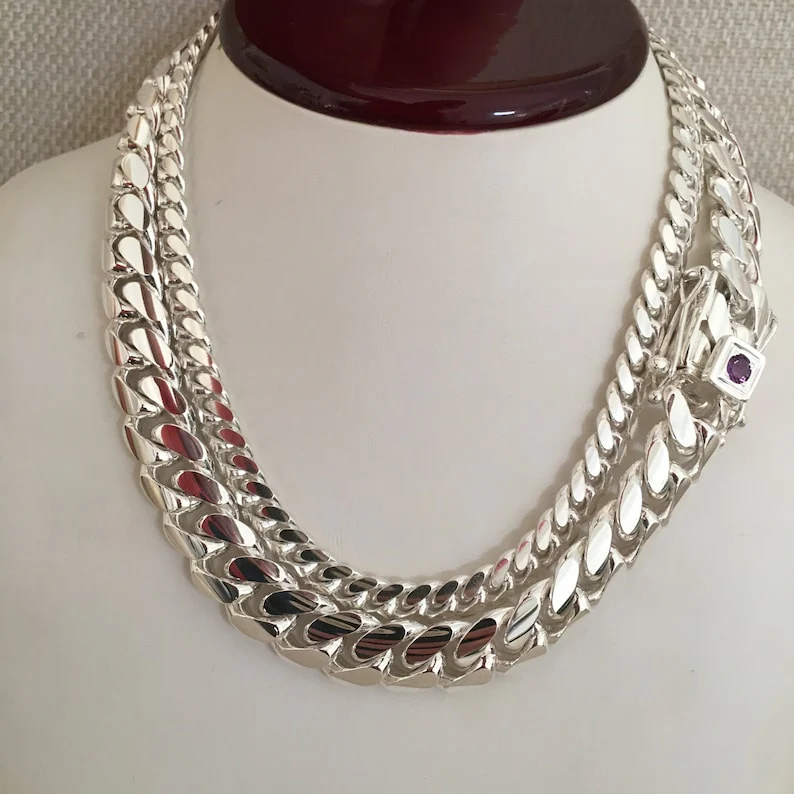 18mm Wide Solid Miami Cuban Link Chain with Amethyst Stone Lock | 925 Sterling Silver Chain | Men's Jewelry | With Certificate of Authenticity and 925 Hallmark - Image 8