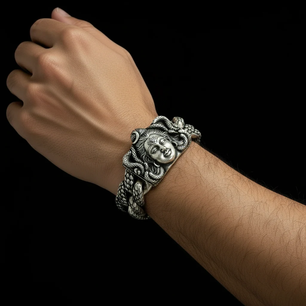 18mm wide Solid. 925 sterling silver bracelet with Mahadev Face, oxidized Cuban design | Sterling Silver Bracelet | With Certificate of Authenticity and 925 Hallmark - Image 5