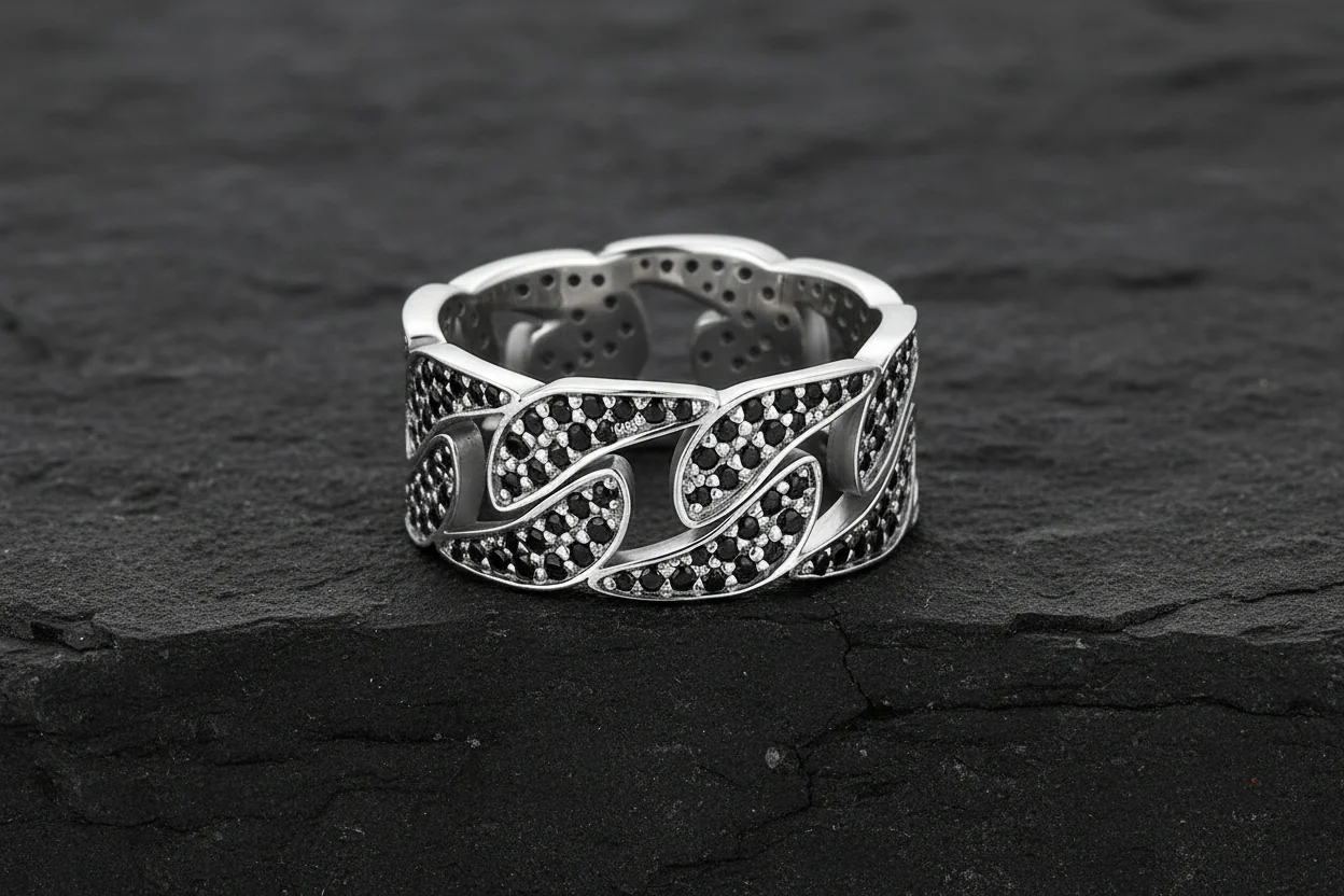6mm wide Iced Out Cuban link Band Ring for Men, Sterling Silver 925 Ring | Jewellery for Men| With Certificate of Authenticity and 925 Hallmark