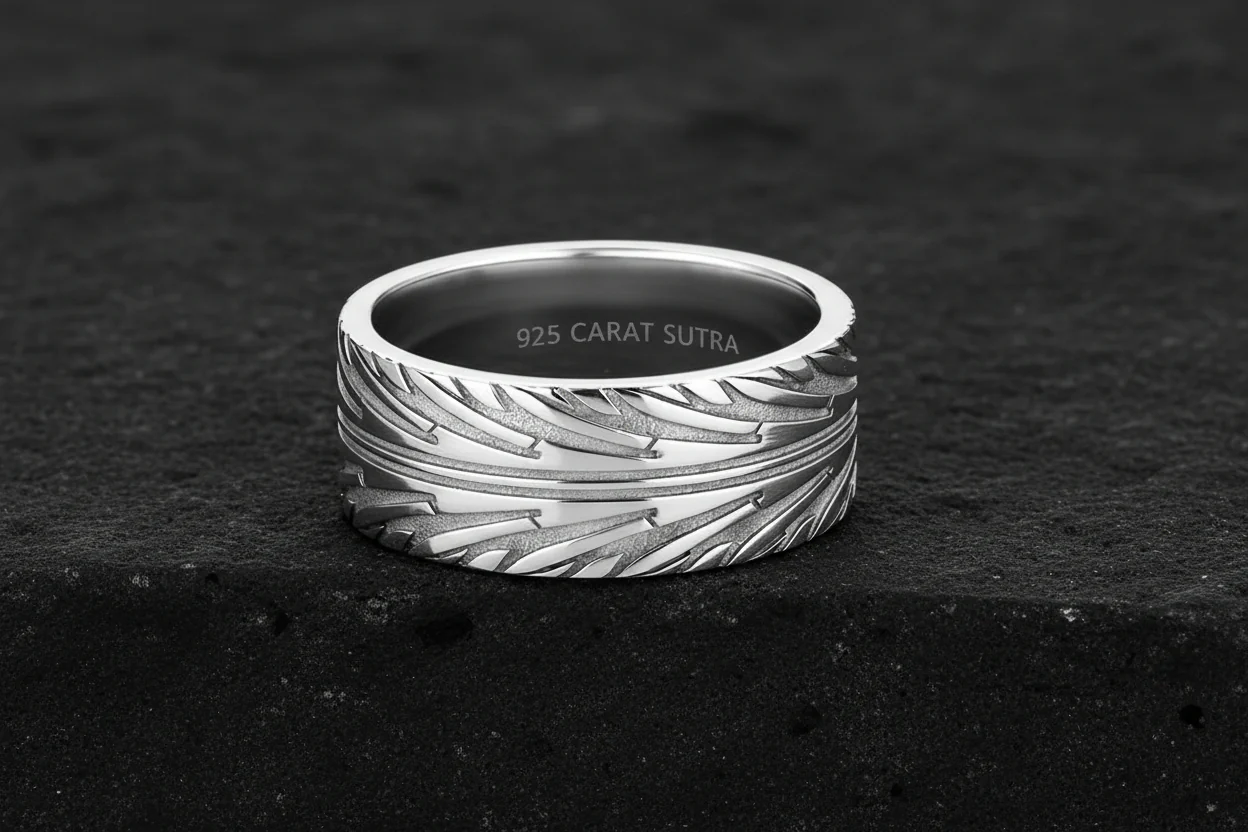 4mm wide Tyre Tread Band Ring, Brush Matt-Finish, Sterling Silver 925 Ring | Jewellery for Men| With Certificate of Authenticity and 925 Hallmark