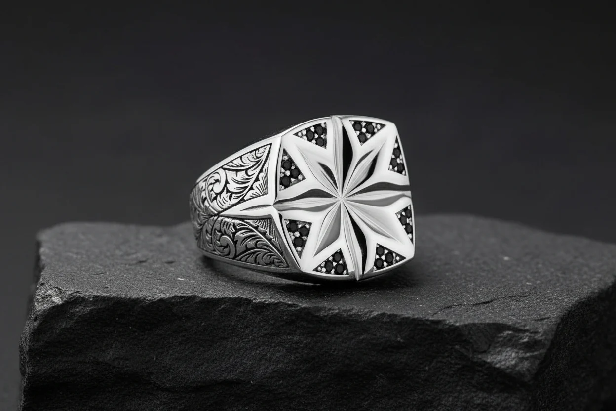 Star Hand-Engraved Ring for Men, Brush Matt-Finish, Sterling Silver 925 Ring | Jewellery for Men| With Certificate of Authenticity and 925 Hallmark