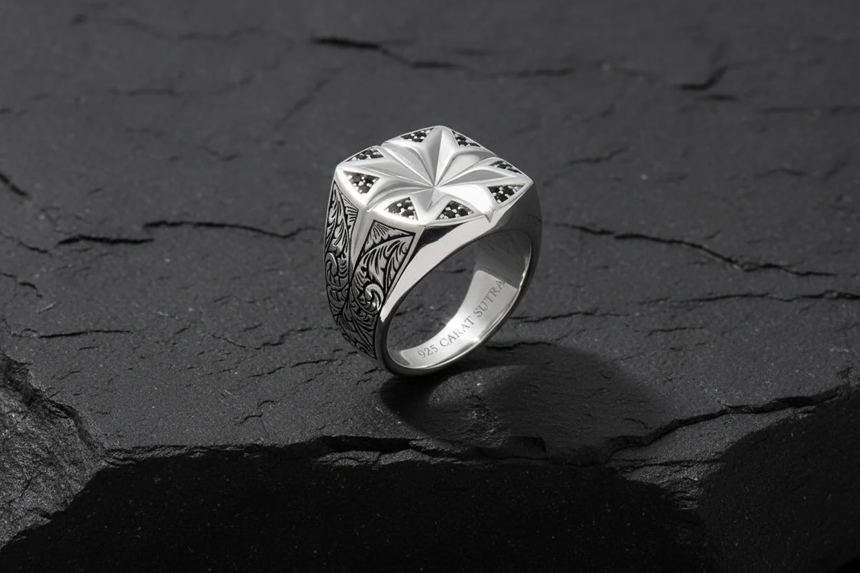 Star Hand-Engraved Ring for Men, Brush Matt-Finish, Sterling Silver 925 Ring | Jewellery for Men| With Certificate of Authenticity and 925 Hallmark - Image 3