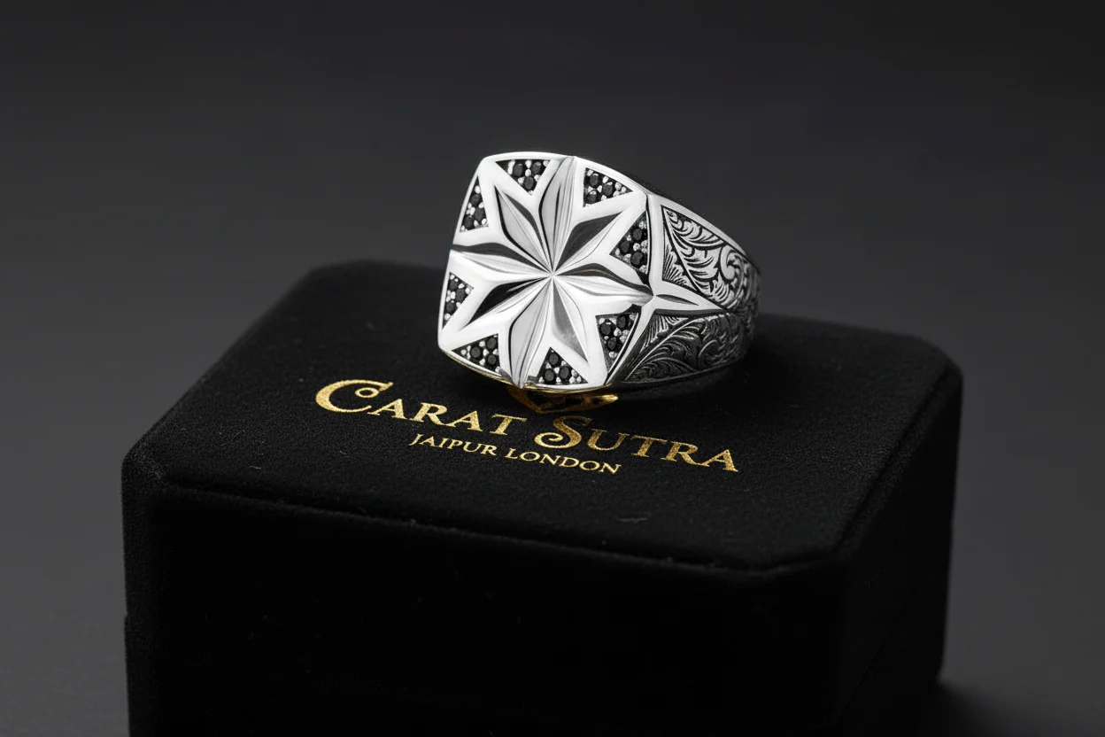 Star Hand-Engraved Ring for Men, Brush Matt-Finish, Sterling Silver 925 Ring | Jewellery for Men| With Certificate of Authenticity and 925 Hallmark - Image 5