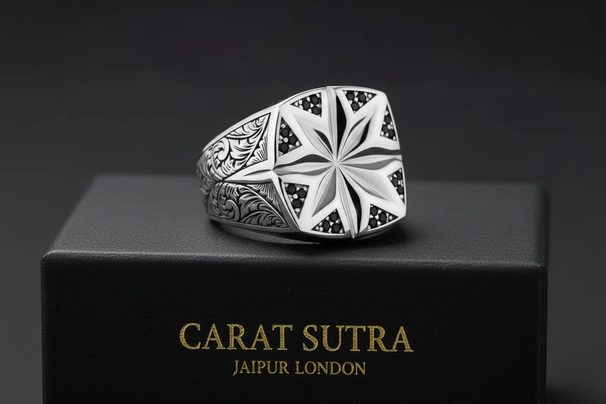 Star Hand-Engraved Ring for Men, Brush Matt-Finish, Sterling Silver 925 Ring | Jewellery for Men| With Certificate of Authenticity and 925 Hallmark - Image 6
