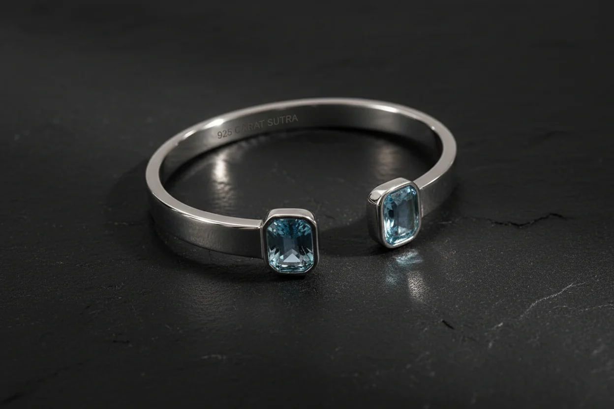 Aquamarine Stone Adjustable Cuff Style Bangle/kadaa | 925 Sterling Silver Bracelet | With Certificate of Authenticity and 925 Hallmark