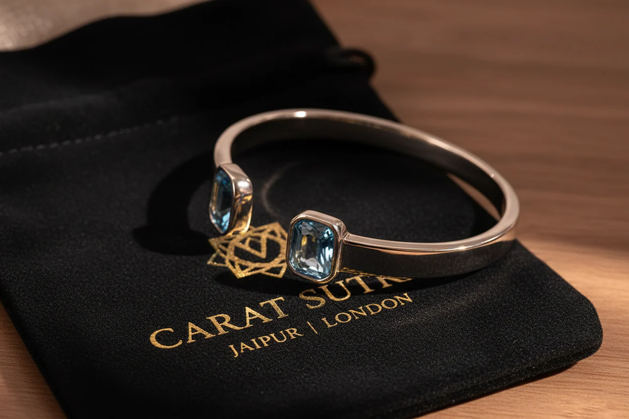 Aquamarine Stone Adjustable Cuff Style Bangle/kadaa | 925 Sterling Silver Bracelet | With Certificate of Authenticity and 925 Hallmark - Image 3