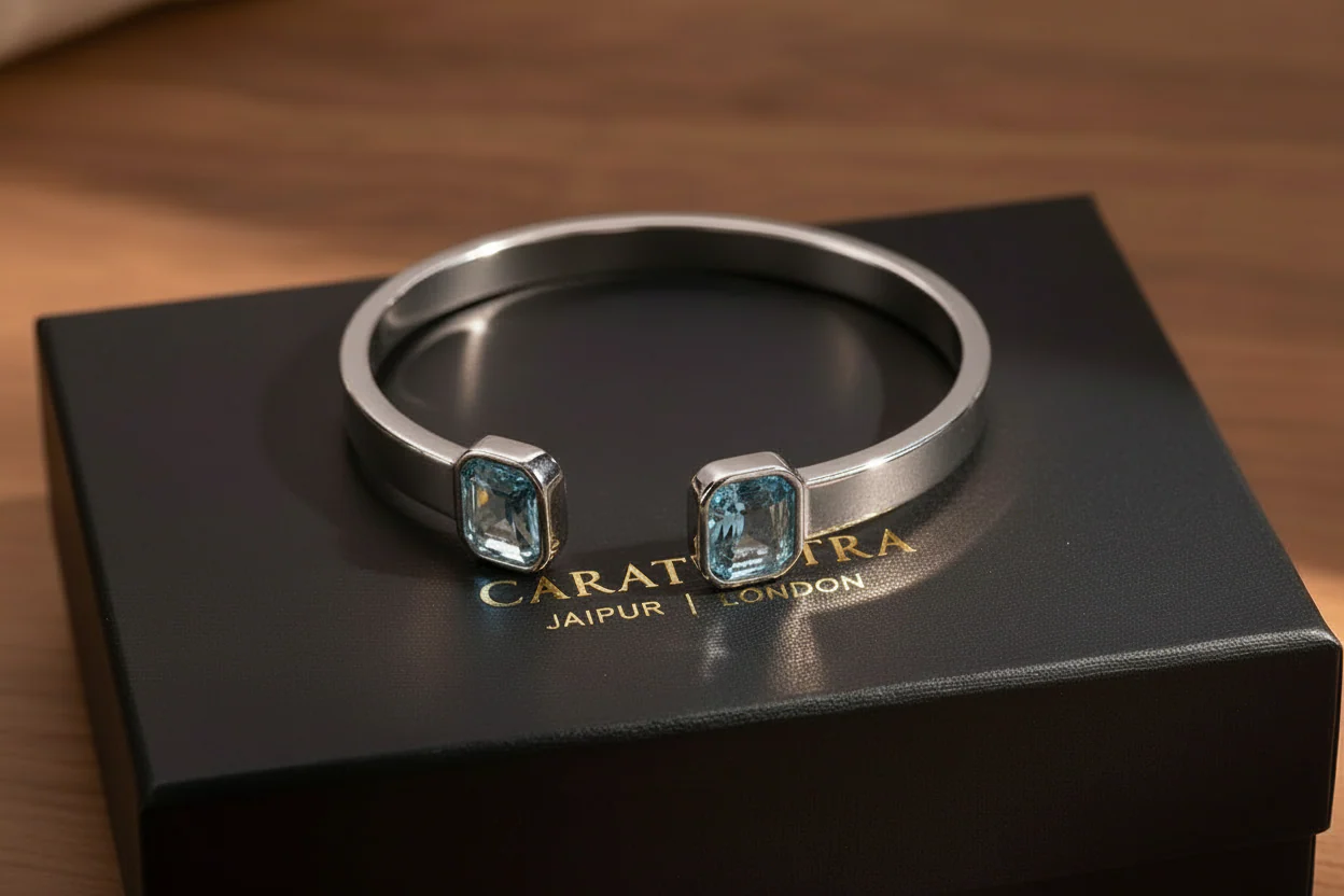 Aquamarine Stone Adjustable Cuff Style Bangle/kadaa | 925 Sterling Silver Bracelet | With Certificate of Authenticity and 925 Hallmark - Image 4