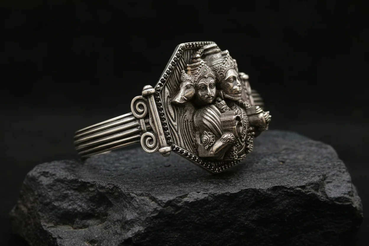 Brush & Matt Finish Panchmukhi Hanuman Adjustable Cuff Style Bangle/kadaa/Handcuff | 925 Sterling Silver Bracelet | With Certificate of Authenticity and 925 Hallmark - Image 4