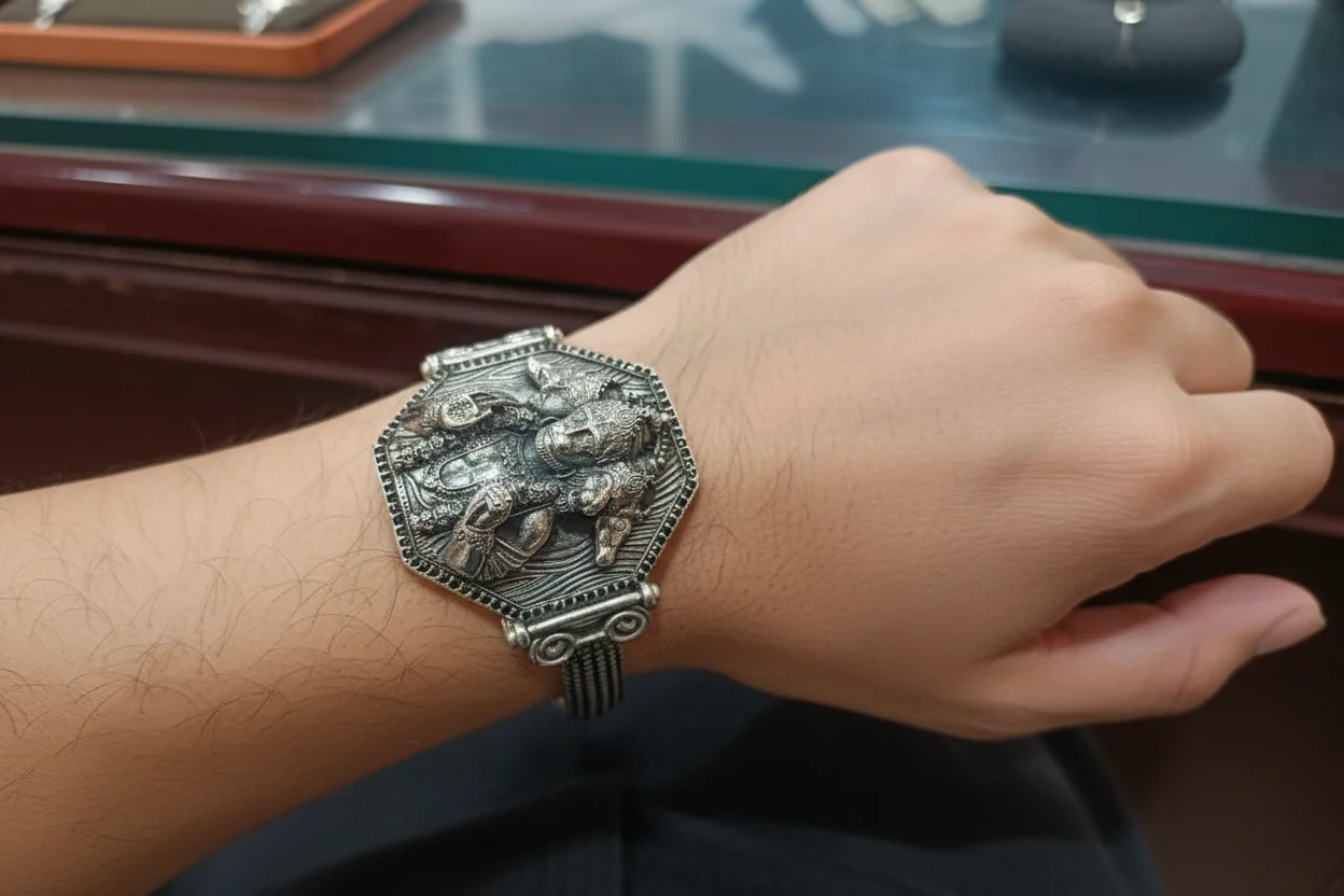 Brush & Matt Finish Panchmukhi Hanuman Adjustable Cuff Style Bangle/kadaa/Handcuff | 925 Sterling Silver Bracelet | With Certificate of Authenticity and 925 Hallmark - Image 6