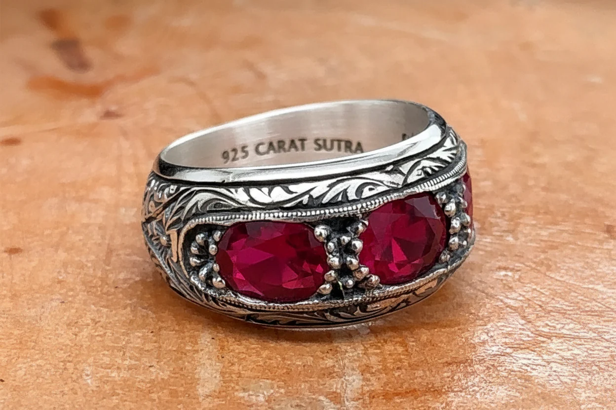 Hand-Engraved Original Ruby Silver Band | 925 Sterling Silver Ring, studded with Original Ruby | With Certificate of Authenticity and 925 Hallmark - Image 5