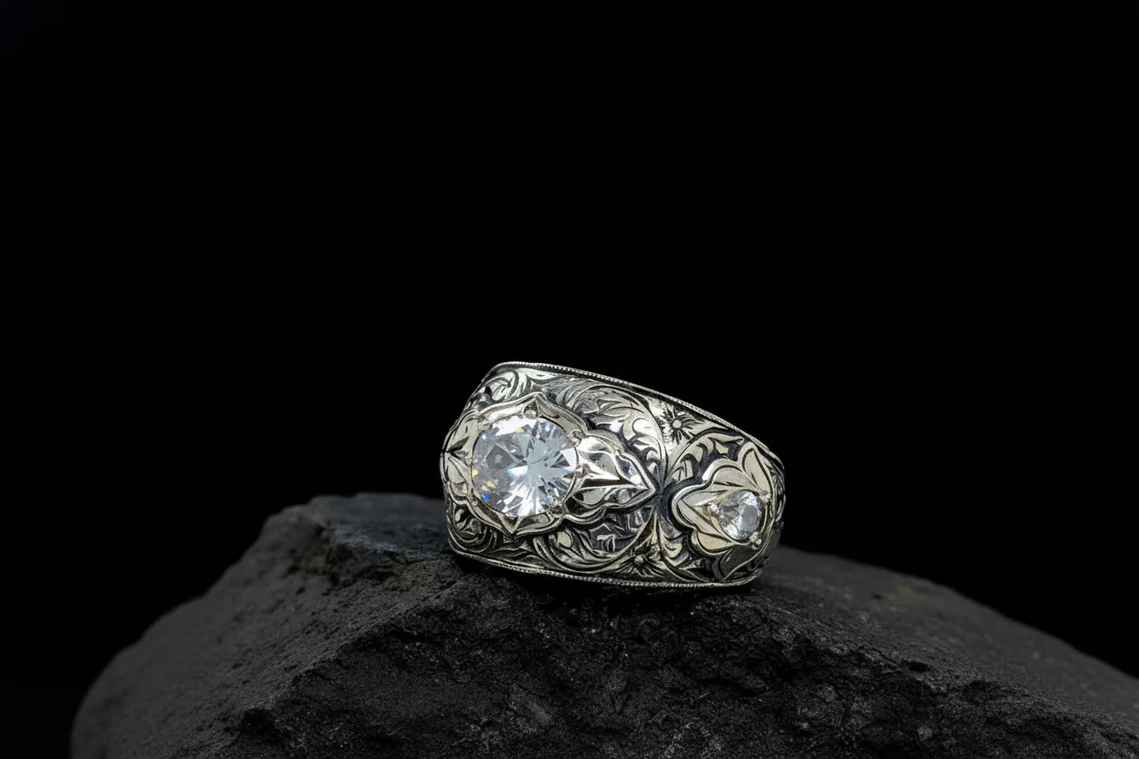 Hand-Engraved Zircon Silver Band | 925 Sterling Silver Ring, studded with White Zircon | With Certificate of Authenticity and 925 Hallmark