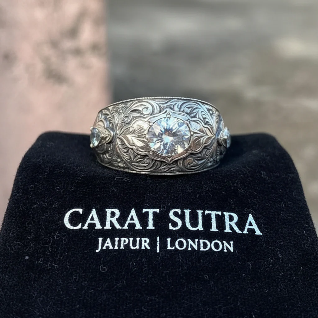 Hand-Engraved Zircon Silver Band | 925 Sterling Silver Ring, studded with White Zircon | With Certificate of Authenticity and 925 Hallmark - Image 2