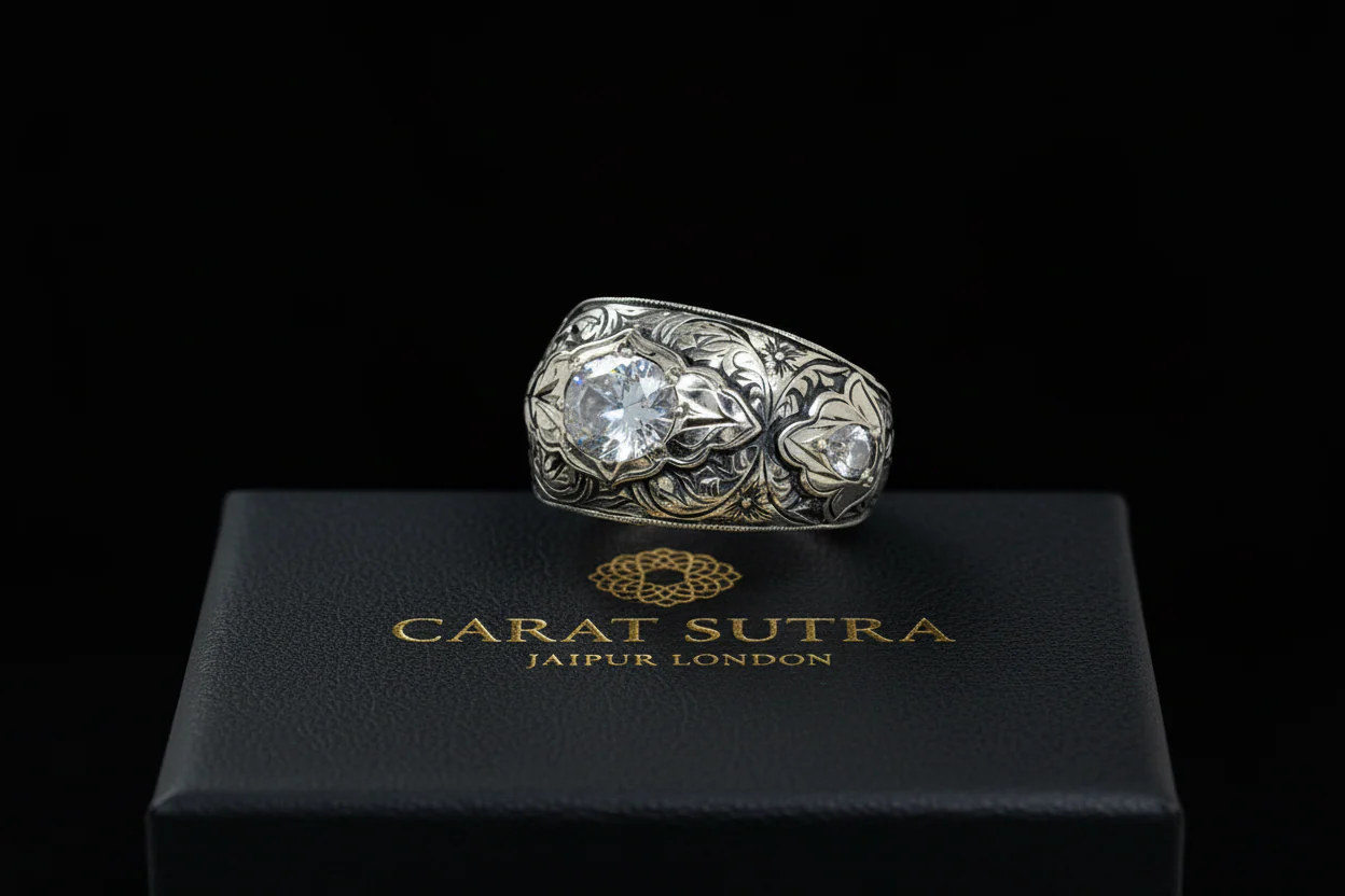 Hand-Engraved Zircon Silver Band | 925 Sterling Silver Ring, studded with White Zircon | With Certificate of Authenticity and 925 Hallmark - Image 3