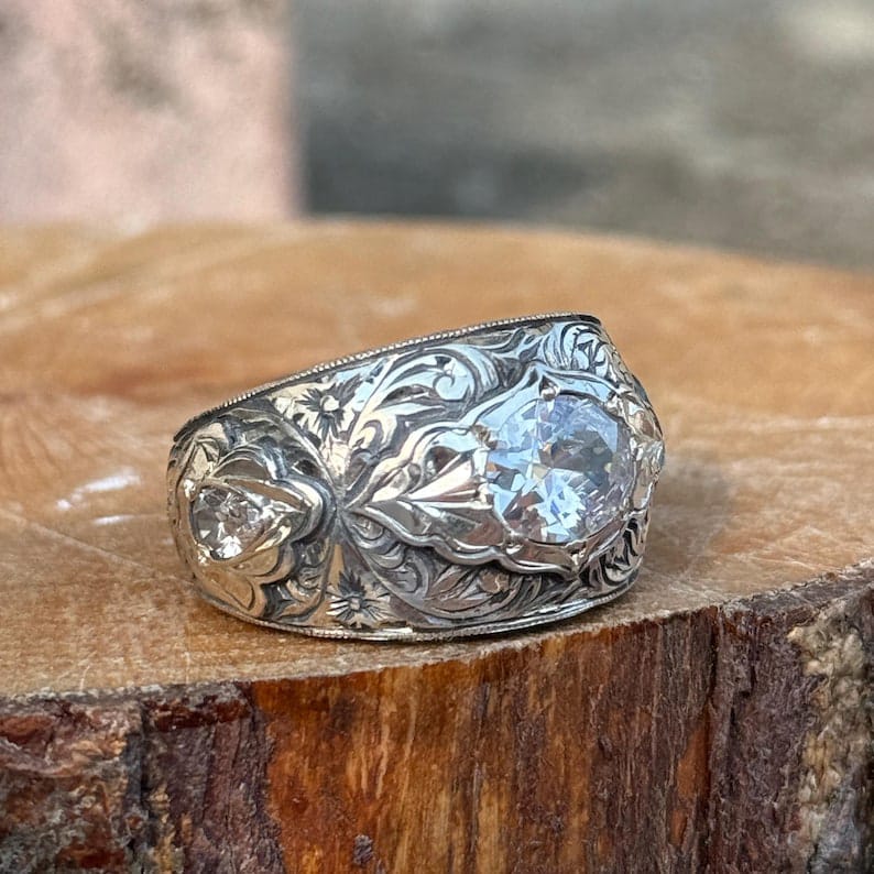 Hand-Engraved Zircon Silver Band | 925 Sterling Silver Ring, studded with White Zircon | With Certificate of Authenticity and 925 Hallmark - Image 4