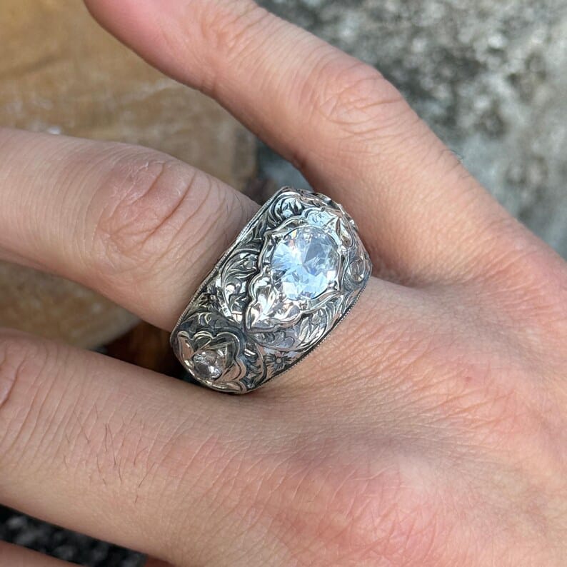 Hand-Engraved Zircon Silver Band | 925 Sterling Silver Ring, studded with White Zircon | With Certificate of Authenticity and 925 Hallmark - Image 5