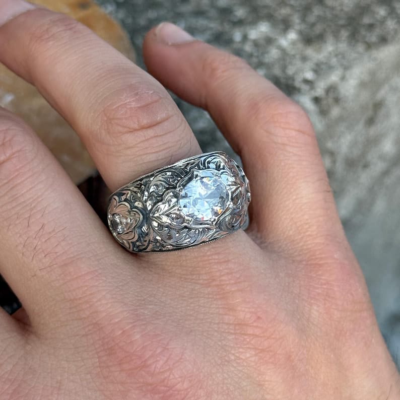 Hand-Engraved Zircon Silver Band | 925 Sterling Silver Ring, studded with White Zircon | With Certificate of Authenticity and 925 Hallmark - Image 6