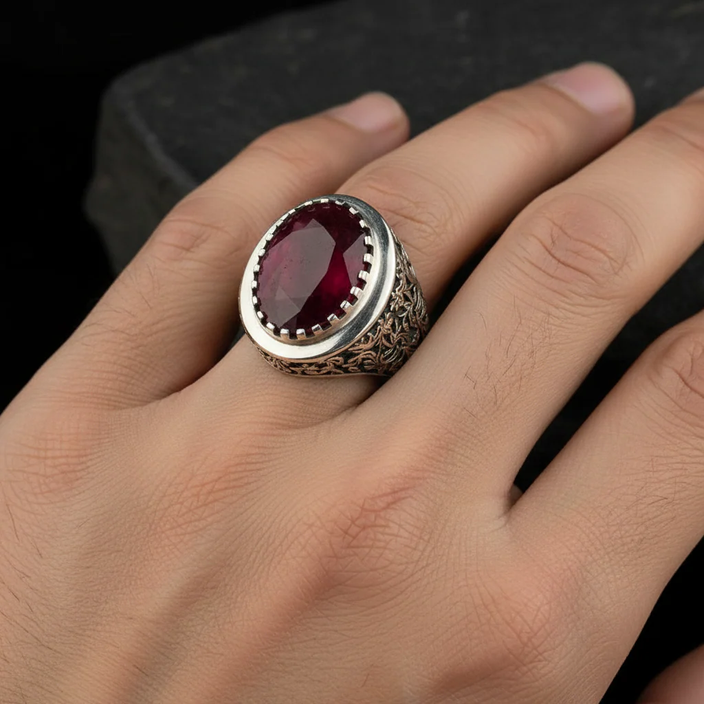 RARE PRINCE by CARAT SUTRA | Unique Designed Turkish Style Heavy Ring with Natural Red Ruby | 22kt Gold Micron Plated 925 Sterling Silver Oxidized Ring | Men's Jewelry | With Certificate of Authenticity and 925 Hallmark - Image 2