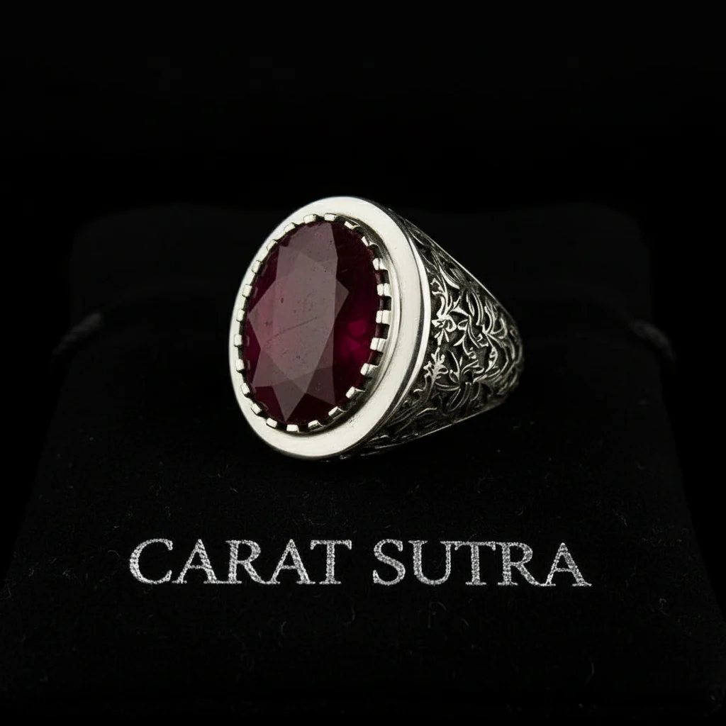 RARE PRINCE by CARAT SUTRA | Unique Designed Turkish Style Heavy Ring with Natural Red Ruby | 22kt Gold Micron Plated 925 Sterling Silver Oxidized Ring | Men's Jewelry | With Certificate of Authenticity and 925 Hallmark - Image 3