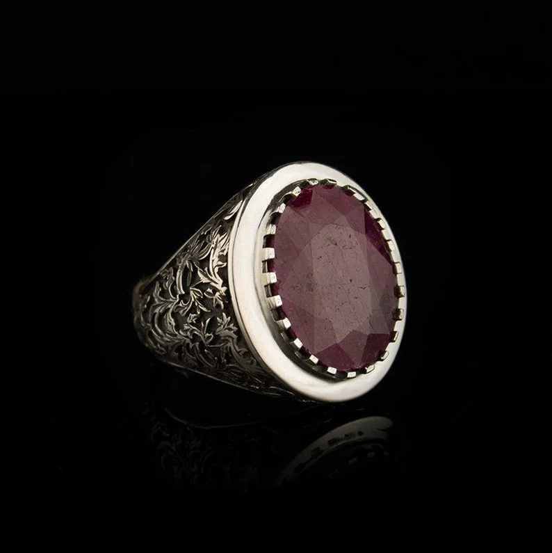 RARE PRINCE by CARAT SUTRA | Unique Designed Turkish Style Heavy Ring with Natural Red Ruby | 22kt Gold Micron Plated 925 Sterling Silver Oxidized Ring | Men's Jewelry | With Certificate of Authenticity and 925 Hallmark - Image 4