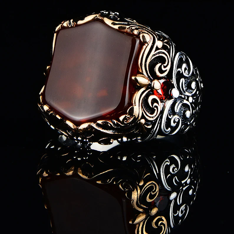RARE PRINCE by CARAT SUTRA | Unique Turkish Style Ring with Natural Red Agate | 925 Sterling Silver Oxidized Ring | Men's Jewelry | With Certificate of Authenticity and 925 Hallmark - Image 3