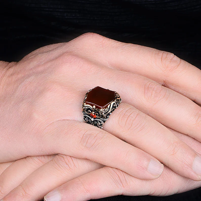 RARE PRINCE by CARAT SUTRA | Unique Turkish Style Ring with Natural Red Agate | 925 Sterling Silver Oxidized Ring | Men's Jewelry | With Certificate of Authenticity and 925 Hallmark - Image 4