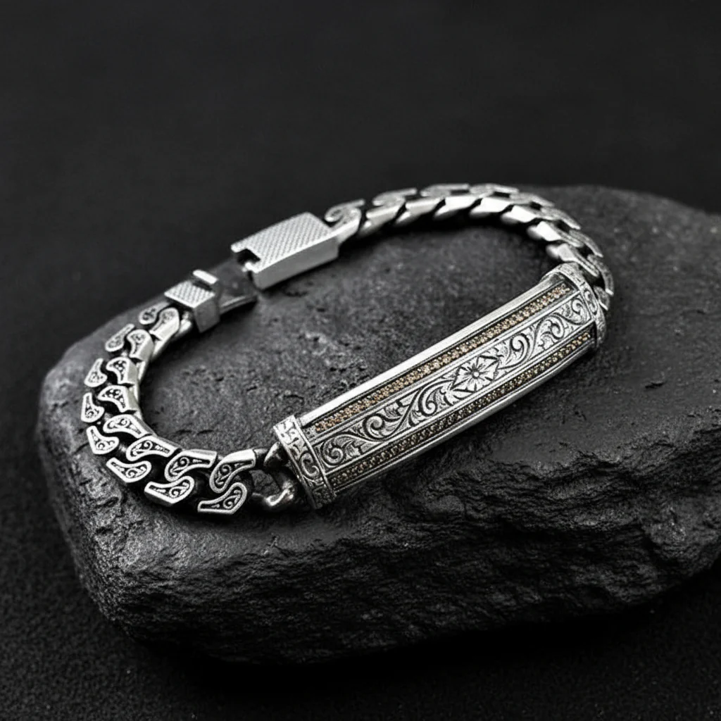 RARE PRINCE by CARAT SUTRA | Unique Design Engraved Bracelet for Men | 925 Oxidized Silver Bracelet | Men's Jewelry | With Certificate of Authenticity and 925 Hallmark