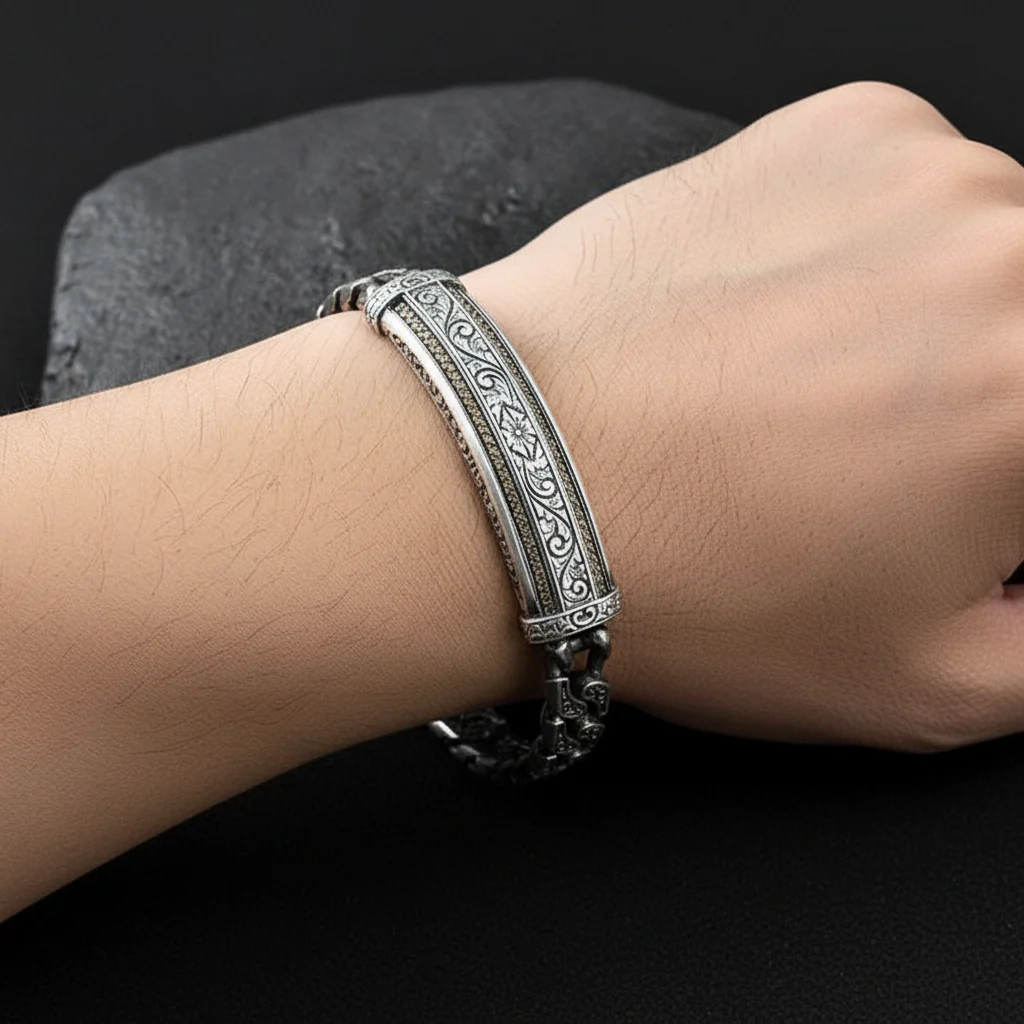 RARE PRINCE by CARAT SUTRA | Unique Design Engraved Bracelet for Men | 925 Oxidized Silver Bracelet | Men's Jewelry | With Certificate of Authenticity and 925 Hallmark - Image 4