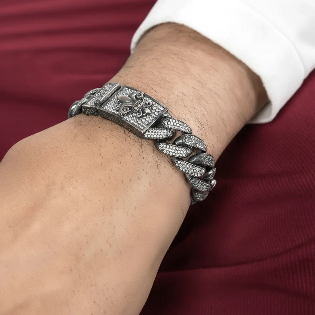 16mm Unique Fleur-De-Lis Iced Cuban Link Bracelet with Black Rhodium | Dark Oxidized 925 Silver Bracelet | With Certificate of Authenticity and 925 Hallmark - Image 7