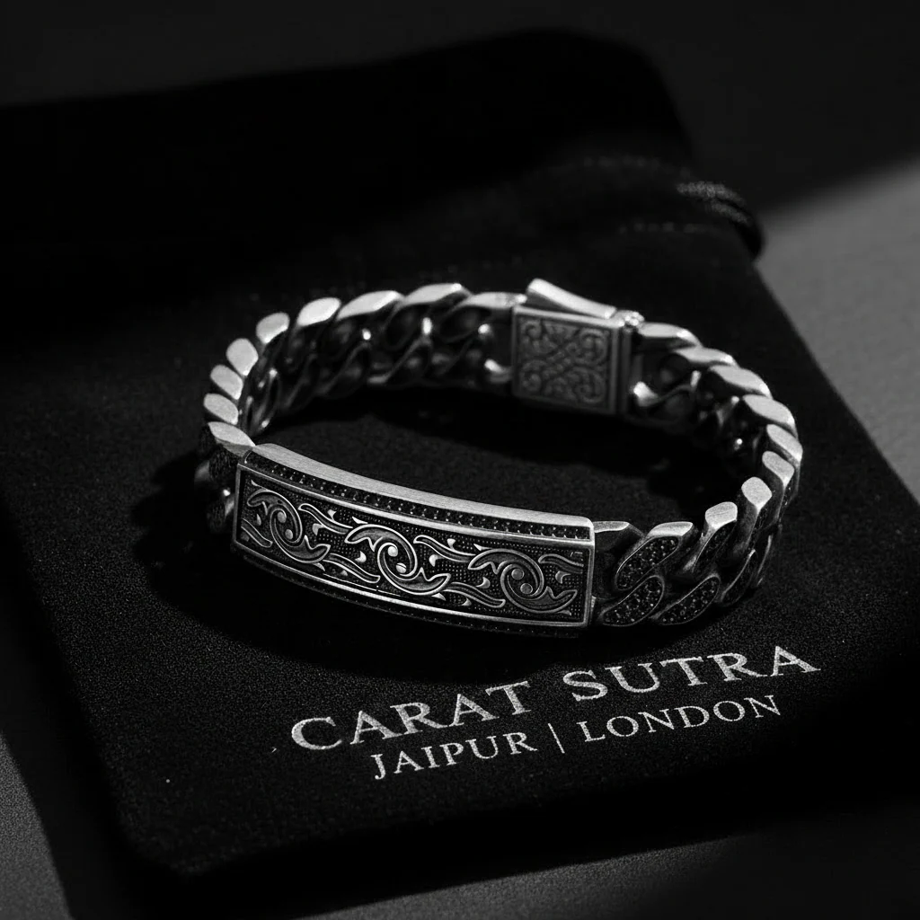 RARE PRINCE by CARAT SUTRA | 16mm Unique Dark Oxidised, Hand Engraved Cuban Link Bracelet studded with black zircon | 925 Silver Bracelet | With Certificate of Authenticity and 925 Hallmark - Image 3