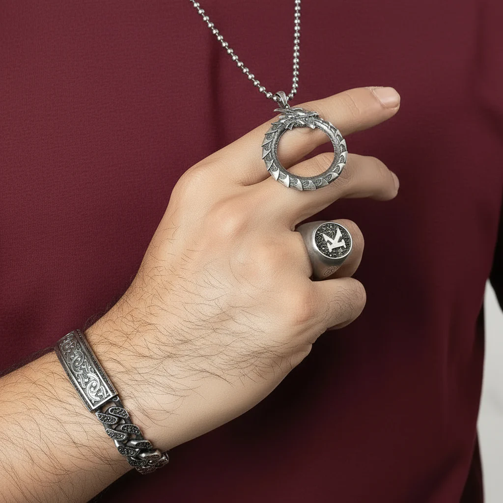 RARE PRINCE by CARAT SUTRA | 16mm Unique Dark Oxidised, Hand Engraved Cuban Link Bracelet studded with black zircon | 925 Silver Bracelet | With Certificate of Authenticity and 925 Hallmark - Image 4