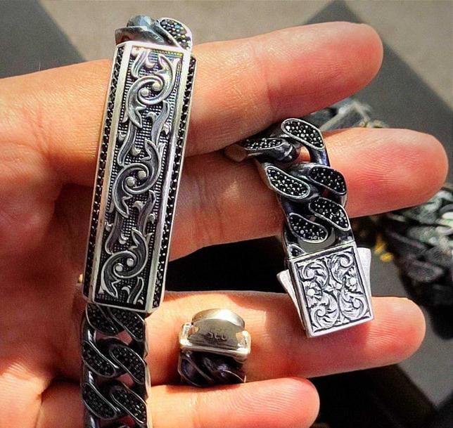 RARE PRINCE by CARAT SUTRA | 16mm Unique Dark Oxidised, Hand Engraved Cuban Link Bracelet studded with black zircon | 925 Silver Bracelet | With Certificate of Authenticity and 925 Hallmark - Image 7