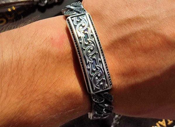 RARE PRINCE by CARAT SUTRA | 16mm Unique Dark Oxidised, Hand Engraved Cuban Link Bracelet studded with black zircon | 925 Silver Bracelet | With Certificate of Authenticity and 925 Hallmark - Image 8