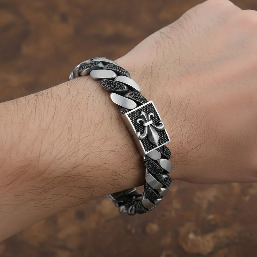 16mm wide Unique Fleur-De-Lis Black Iced Cuban Link Bracelet for Men | Dark Oxidized 925 Silver Bracelet | Men's Jewelry | With Certificate of Authenticity and 925 Hallmark - Image 3
