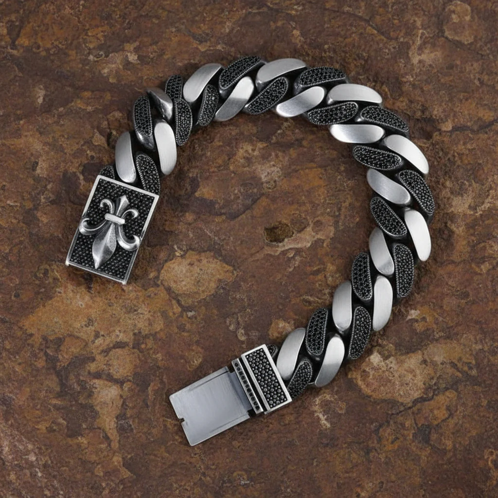 16mm wide Unique Fleur-De-Lis Black Iced Cuban Link Bracelet for Men | Dark Oxidized 925 Silver Bracelet | Men's Jewelry | With Certificate of Authenticity and 925 Hallmark - Image 4