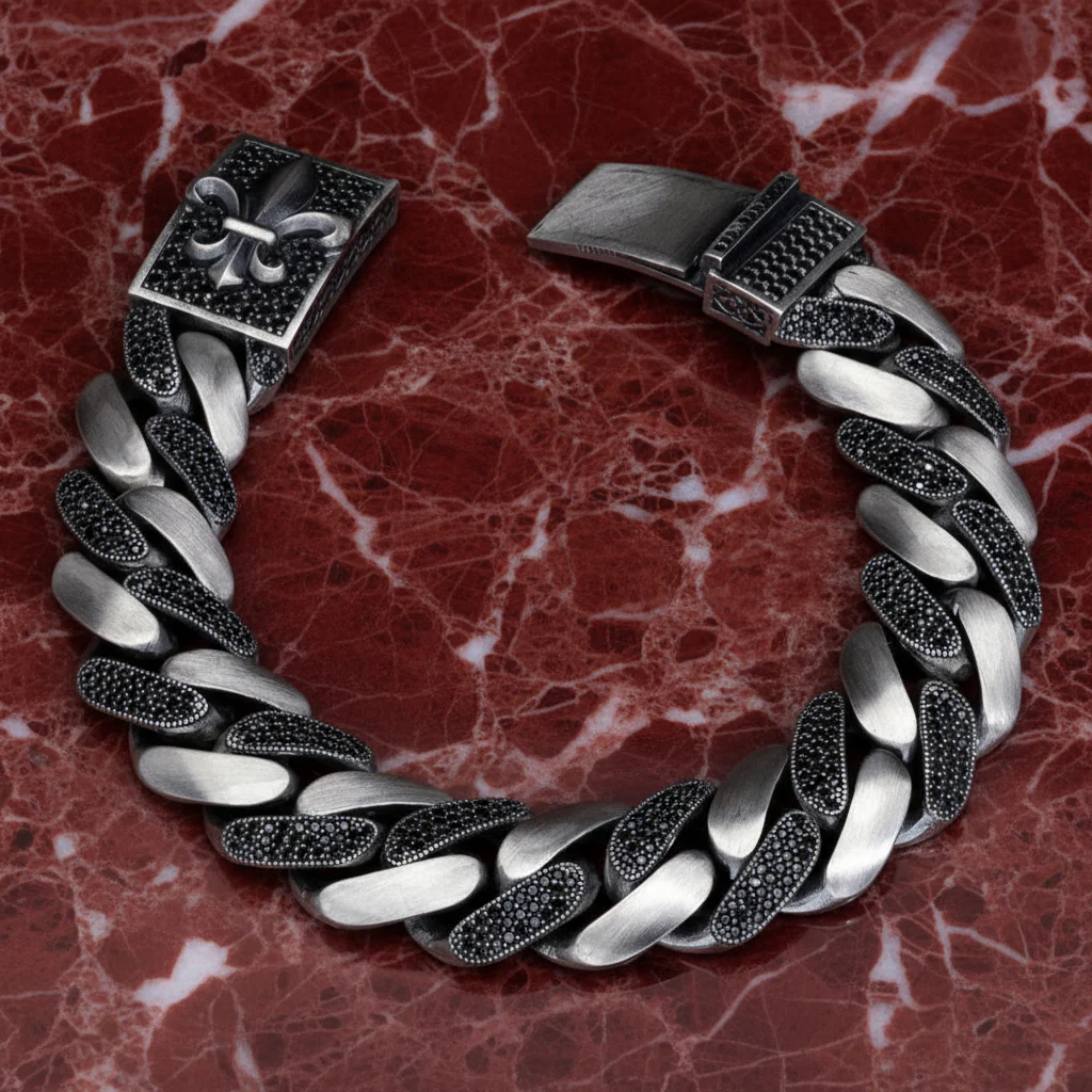 16mm wide Unique Fleur-De-Lis Black Iced Cuban Link Bracelet for Men | Dark Oxidized 925 Silver Bracelet | Men's Jewelry | With Certificate of Authenticity and 925 Hallmark - Image 5