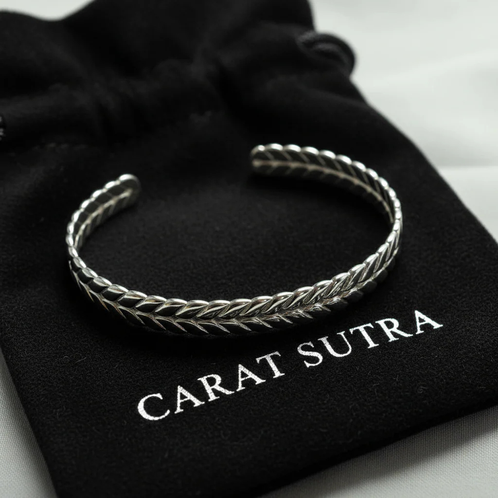 RARE PRINCE by CARAT SUTRA | Adjustable Leaf Style Bangle/kadaa/Handcuff for Men & Boys | 925 Sterling Silver Bracelet | Men's Jewelry | With Certificate of Authenticity and 925 Hallmark - Image 4
